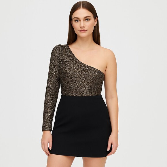 REVOLVE Tops - Revolve H:ours Gold Sequin One Shoulder Long SleeveThong Bodysuit Size S Party